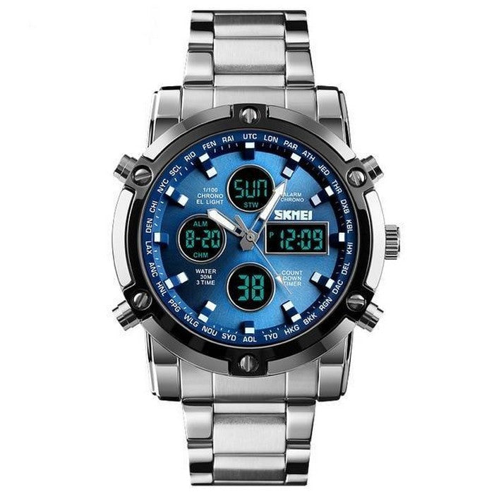 Boy's Double Display Watch With Steel Strap And Blue Dial