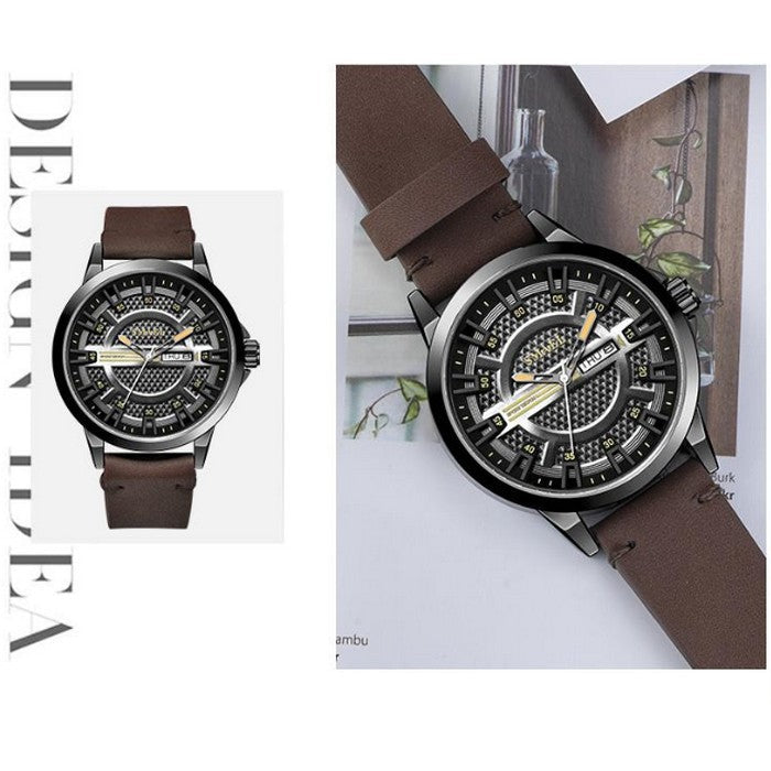 Analog Boy's Watch With Brown Leather Strap And Black And White Dial