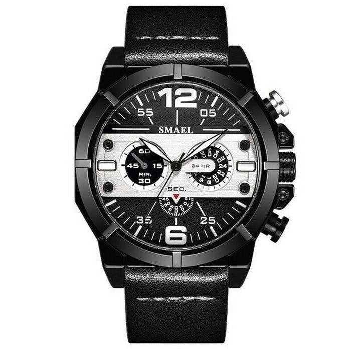 Analog Boy's Watch With Black Leather Strap And Black And Gray Dial