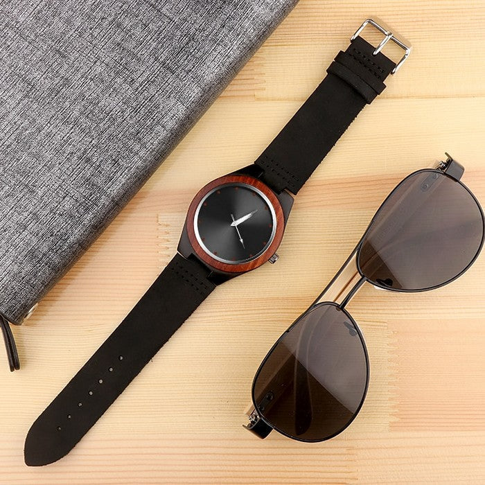 Analog Boy's Watch With Leather Strap And Wooden Case