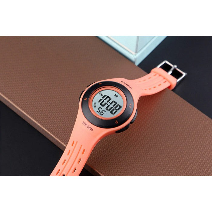 Digital Boy's Watch With Black And Orange Silicone Strap And Round Case