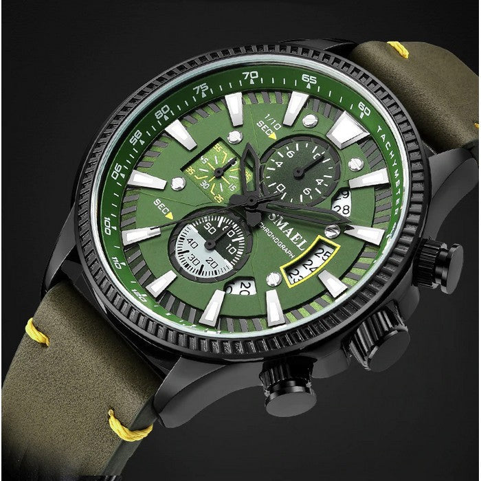 Analog Boy's Watch With Army Green Leather Strap And Black Case