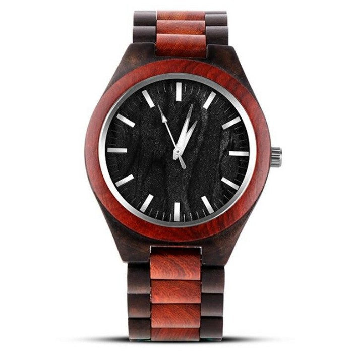 Analog Boy's Watch With Black And Brown Wooden Strap And Case