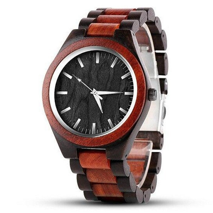 Analog Boy's Watch With Black And Brown Wooden Strap And Case