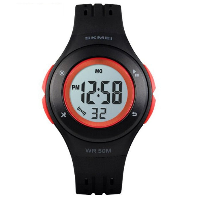 Digital Boy's Watch With Black And Orange Silicone Strap And Round Case