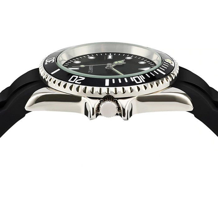 Analog Boy's Watch With Black Silicone Strap And Rotating Bezel Dial