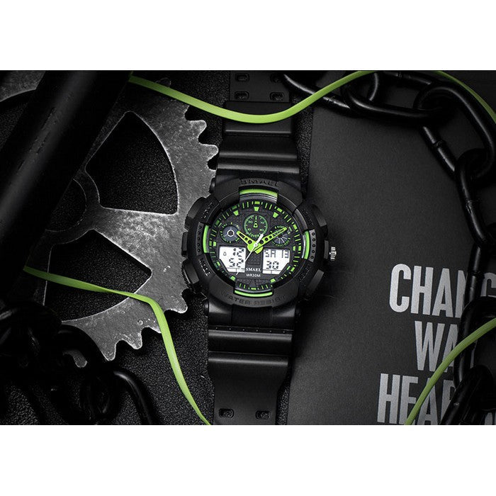 Boy's Dual Display Watch With Black Silicone Strap And Black And Green Dial