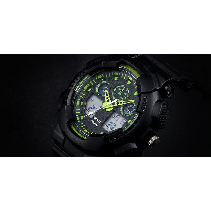 Boy's Dual Display Watch With Black Silicone Strap And Black And Green Dial