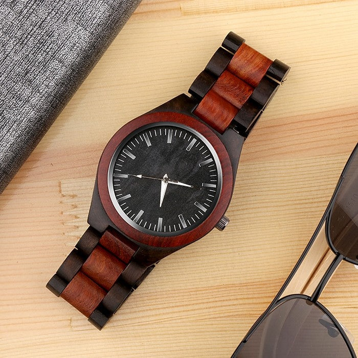 Analog Boy's Watch With Black And Brown Wooden Strap And Case