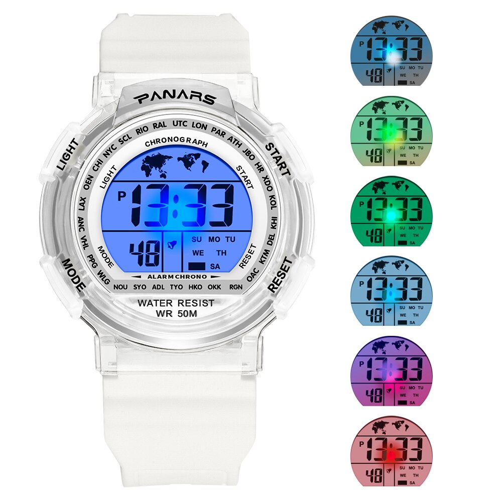 Digital Boy's Watch With Blue Silicone Strap And Round White Dial