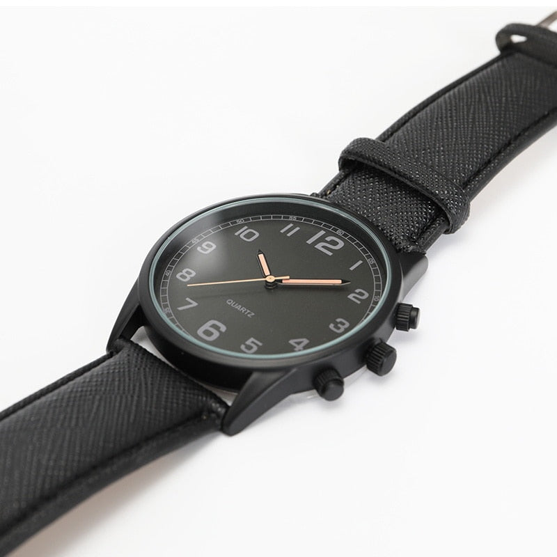 Analog Boy's Watch With Black Leather Strap And Black Dial