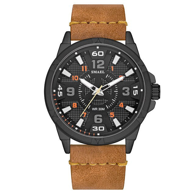 Analog Boy's Watch With Khaki Leather Strap And Black Dial