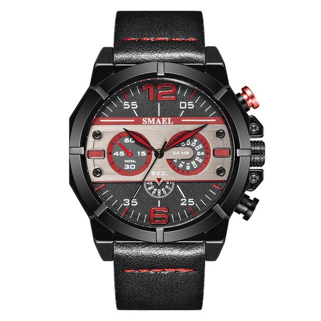 Analog Boy's Watch With Black Leather Strap And Black And Gray Dial