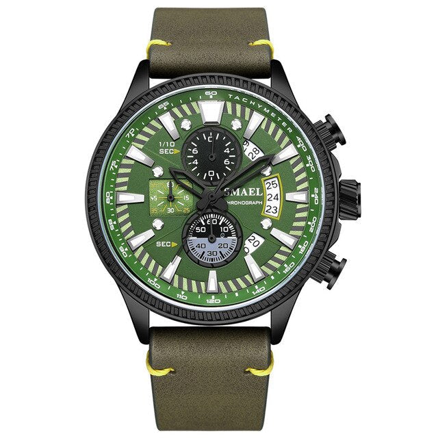 Analog Boy's Watch With Army Green Leather Strap And Black Case