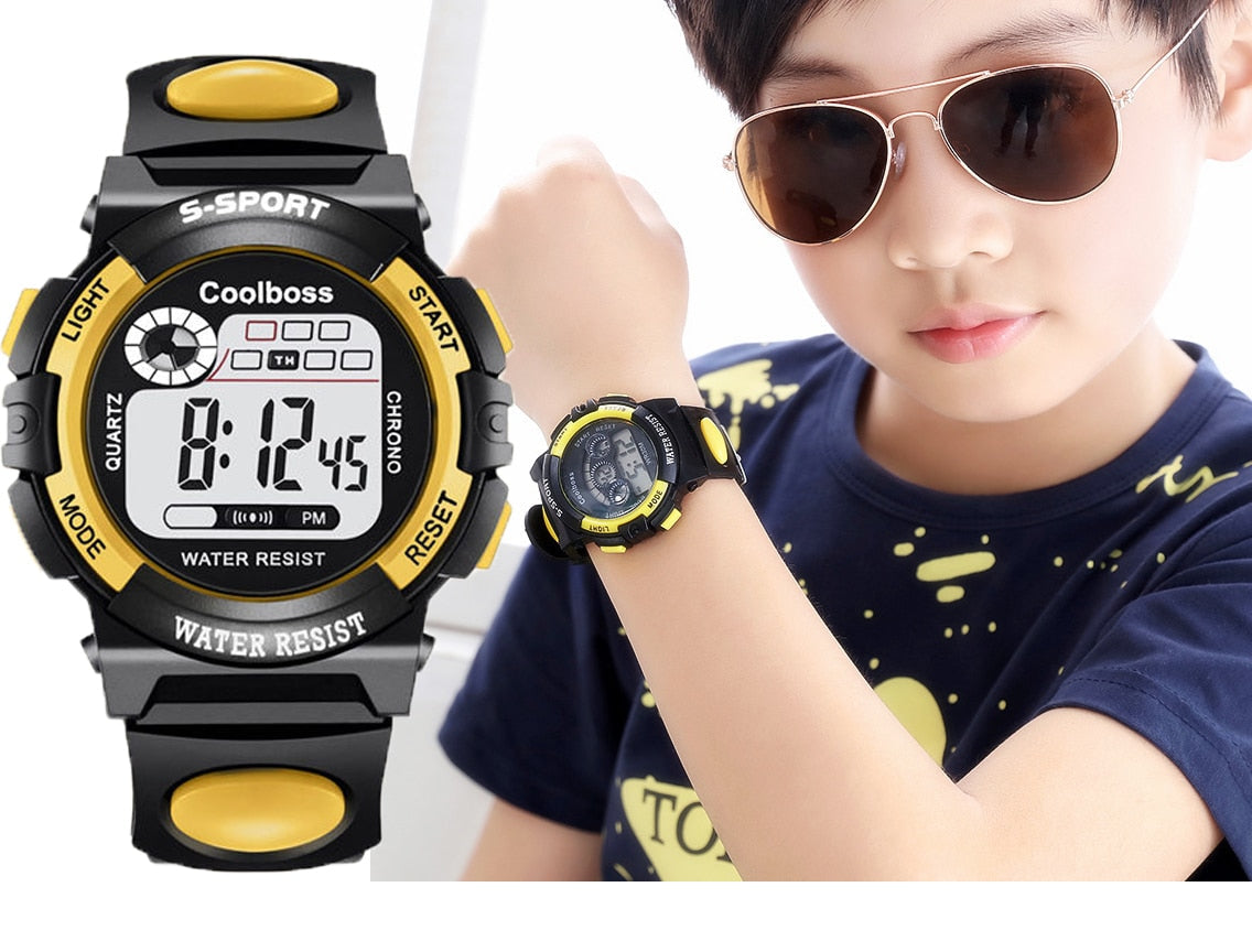 Digital Boy's Watch With Black Silicone Strap And Black And Yellow Dial