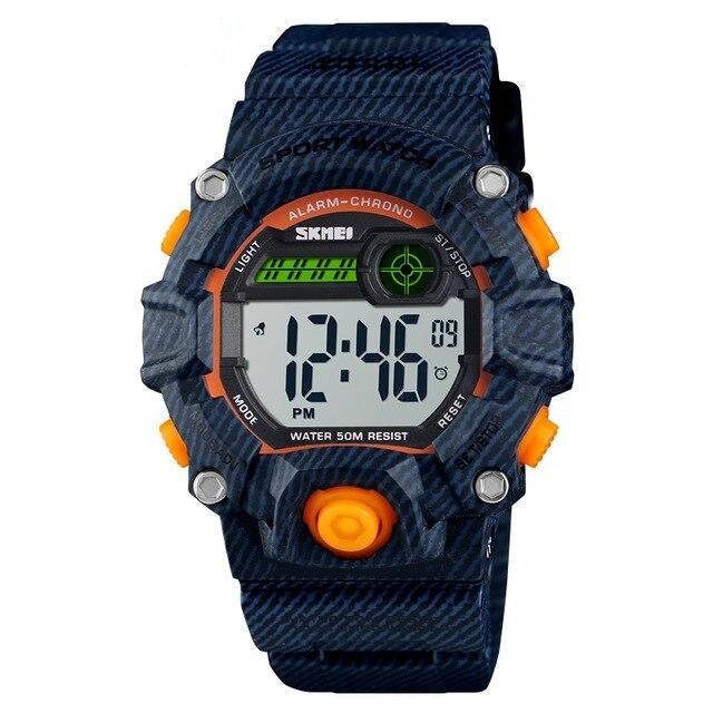 Digital Boy's Watch With Silicone Strap And Orange And Blue Case