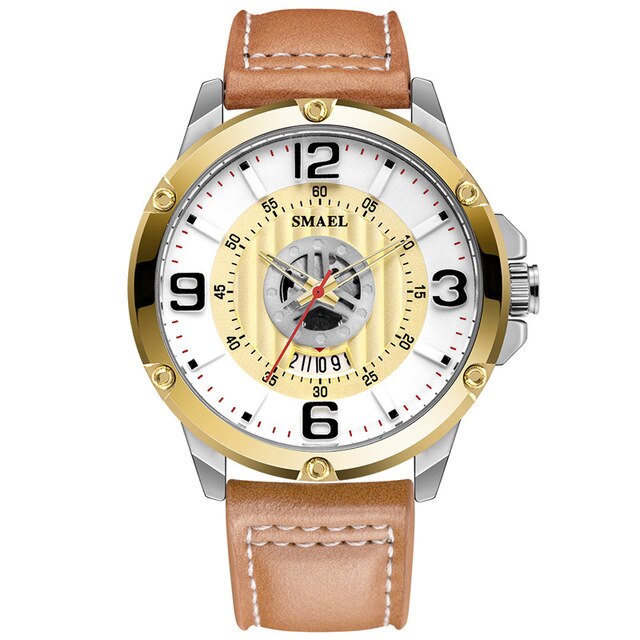 Analog Boy's Watch With Brown Leather Strap And White And Gold Dial