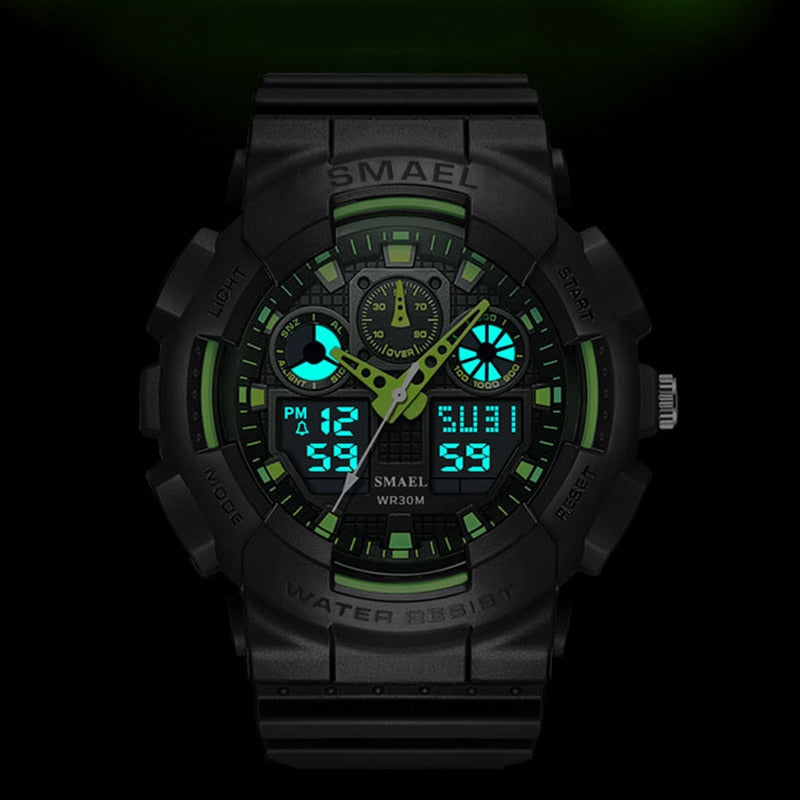 Boy's Dual Display Watch With Black Silicone Strap And Black And Green Dial