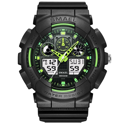 Boy's Dual Display Watch With Black Silicone Strap And Black And Green Dial