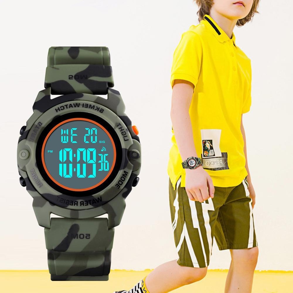 Digital Boy's Watch With Green Camouflage Silicone Strap