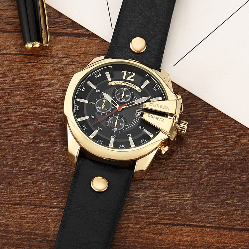 Analog Boy's Watch With Black Leather Strap And Gold Case