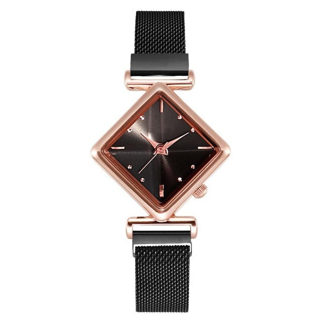 Analog Girl's Watch with Black Steel Strap and Square Dial