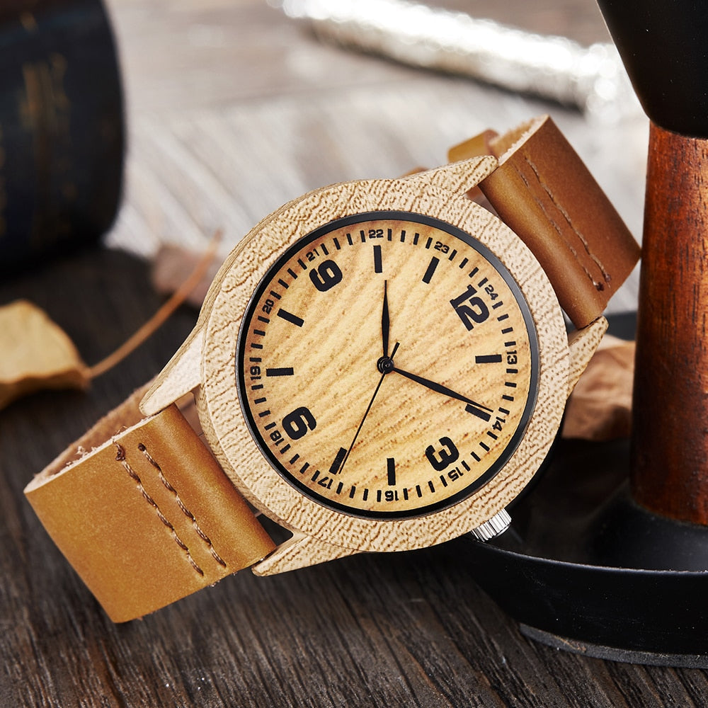 Analog Boy's Watch With Brown Leather Strap And Wood Imitation Case