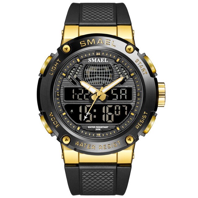 Boy's Dual Display Watch With Black Silicone Strap And Black And Gold Dial