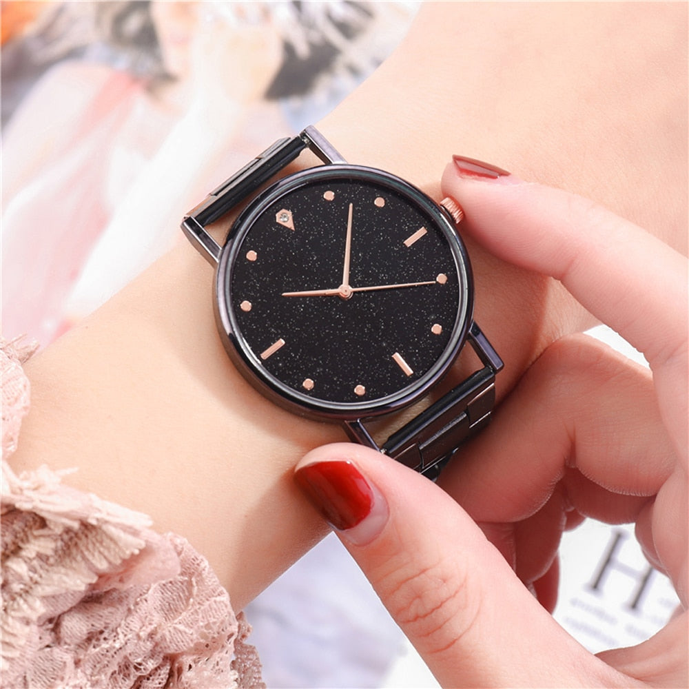 Analog Girl's Watch With Silver Steel Strap And Black Dial