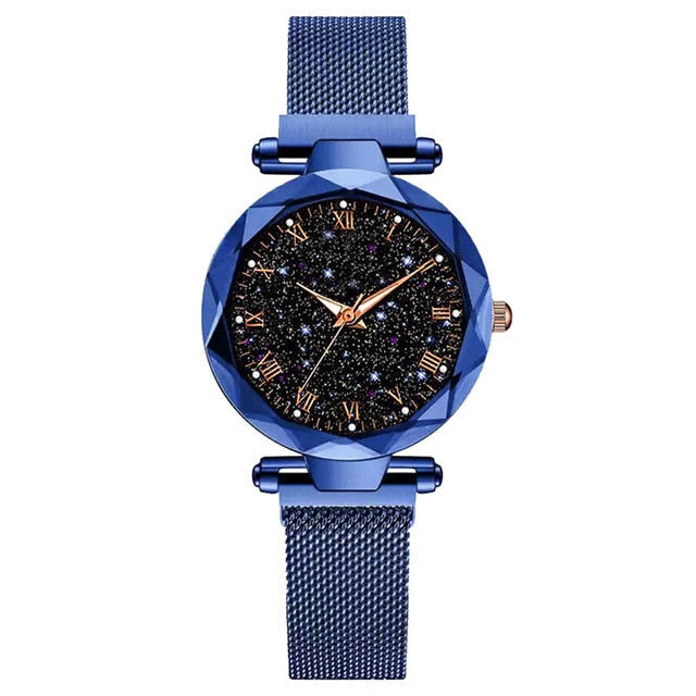 Analog Girl's Watch with Black Mesh Steel Bracelet and Galaxy Dial