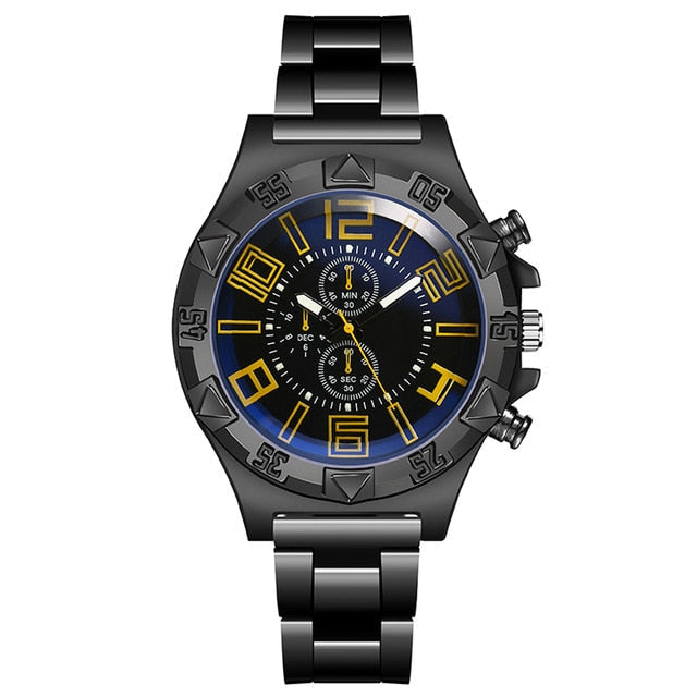 Analog Boy's Watch With Black Steel Strap And Black And Orange Dial