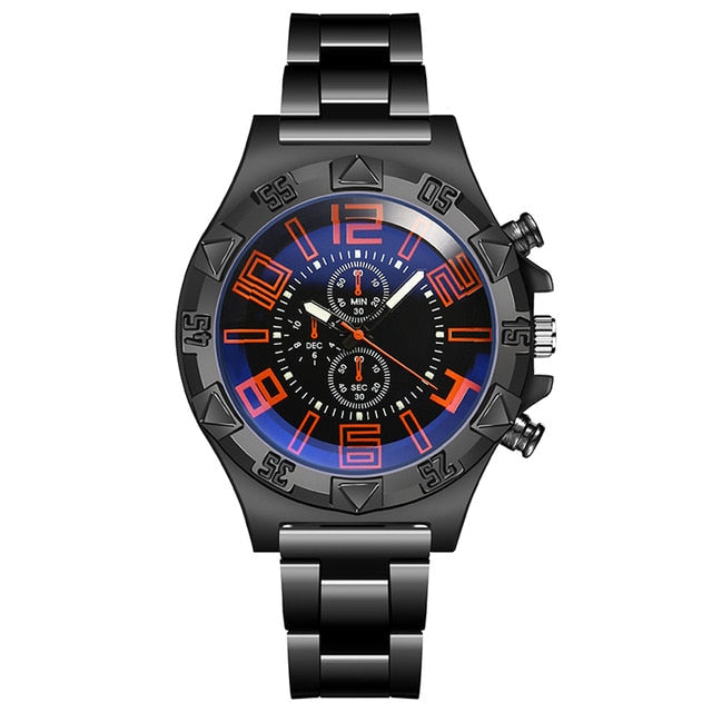 Analog Boy's Watch With Black Steel Strap And Black And Orange Dial