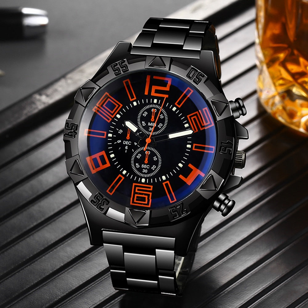 Analog Boy's Watch With Black Steel Strap And Black And Orange Dial