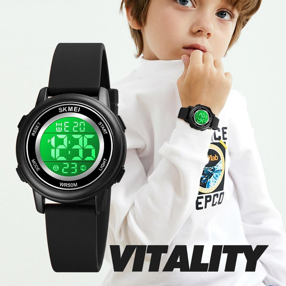 Digital Boy's Watch With Black Silicone Strap And Round Case