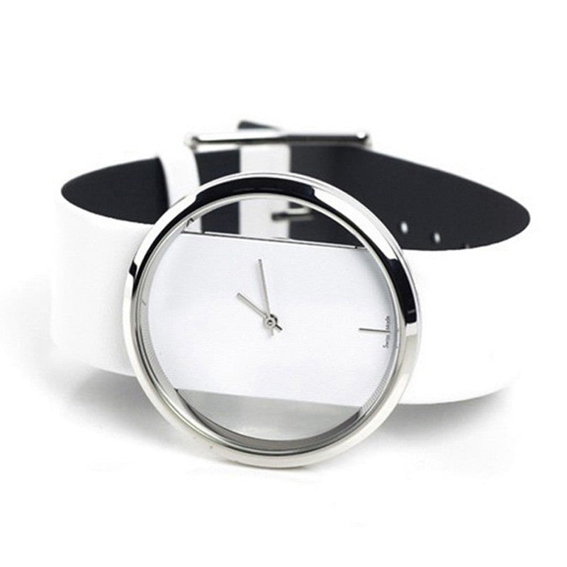 Analog Girl's Watch with Black Leather Strap and Transparent Dial