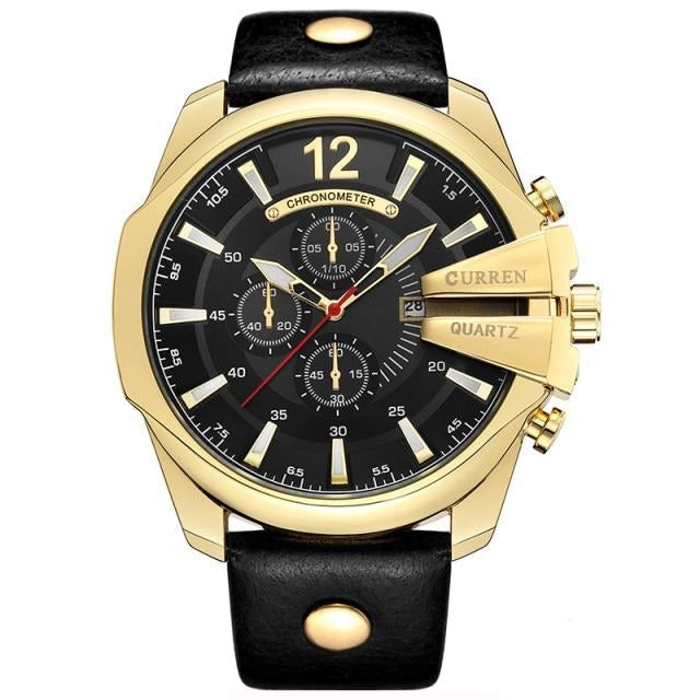 Analog Boy's Watch With Black Leather Strap And Gold Case