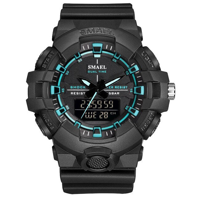 Boy's Dual Display Watch With Black Silicone Strap And Black And Sky-Blue Dial
